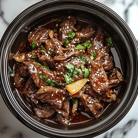 A bowl of beef with onions and herbs.