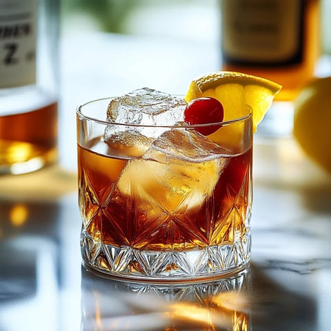A glass of whiskey with a lemon wedge and cherry.