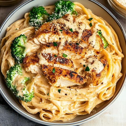 A bowl of pasta with chicken and broccoli.