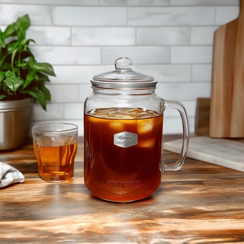 A glass jar of tea on a table.