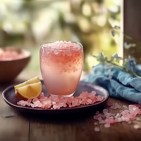 A glass of pink drink with a lemon wedge on a plate.