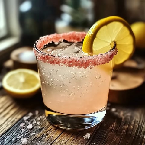 A glass of pink lemonade with a slice of lemon.