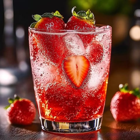 A glass of red drink with strawberries in it.