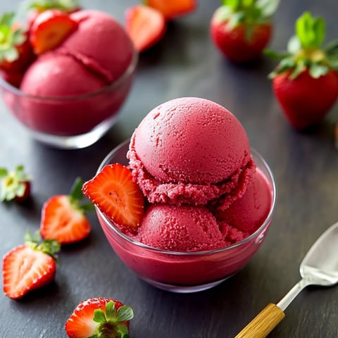 A bowl of strawberries and a bowl of raspberry ice cream.