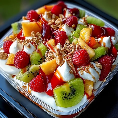 A bowl of fruit with a dollop of whipped cream.