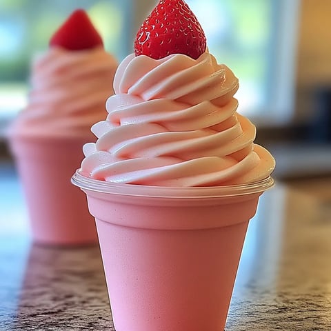 A pink frosted cupcake with a strawberry on top.