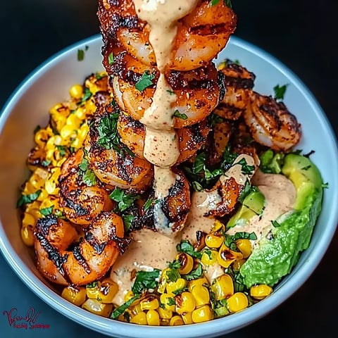 A bowl of shrimp and corn with a white sauce.