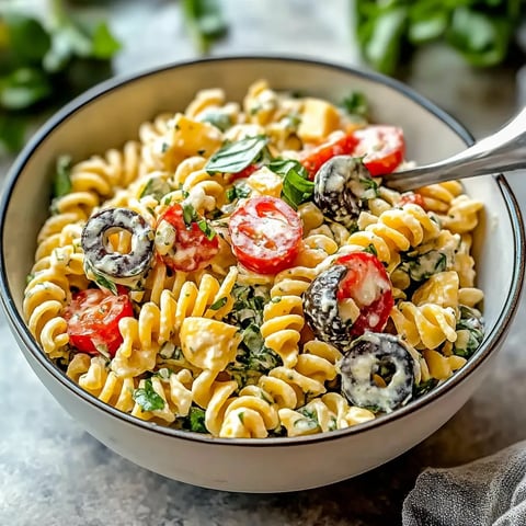 A bowl of pasta with tomatoes and olives.