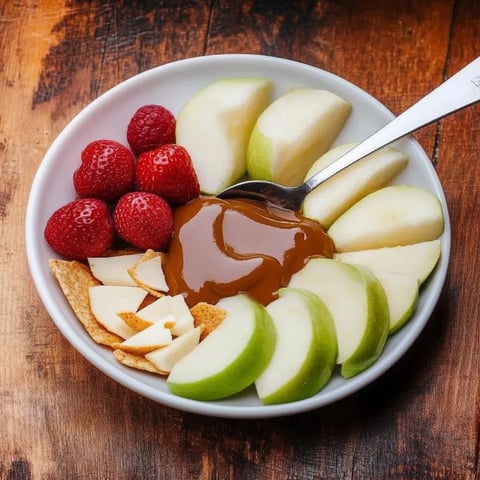 A bowl of fruit with apples, raspberries, and chocolate sauce.
