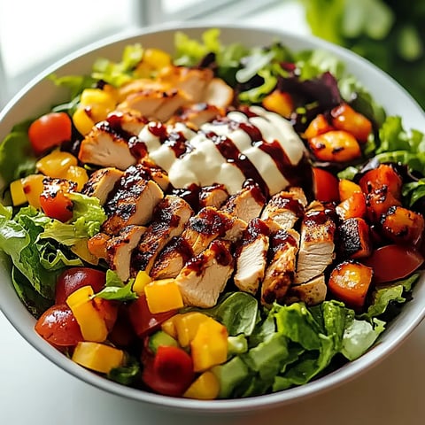 A bowl of salad with chicken and tomatoes.