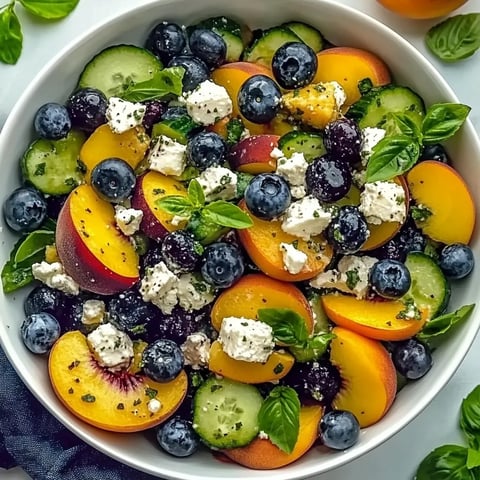 A bowl of fruit with blueberries, cucumbers, and peaches.