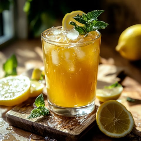 A glass of lemonade with lemon slices on a wooden table.