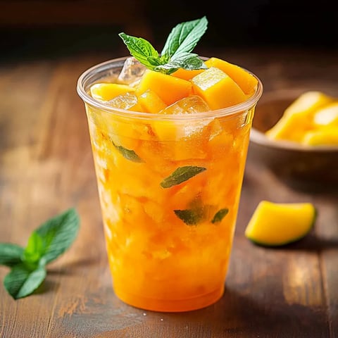 A glass of orange juice with mint leaves.