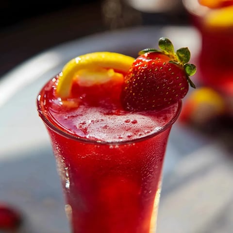 A glass of red juice with a lemon and strawberry on top.