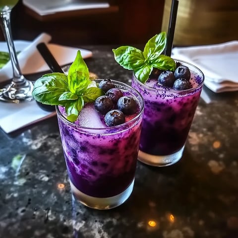 Two glasses of blueberry mint drink.