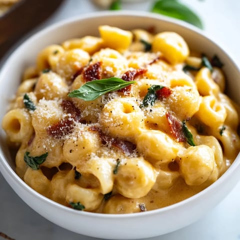 A bowl of macaroni with cheese and bacon.