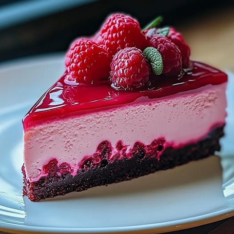 A slice of pink cake with raspberries on top.