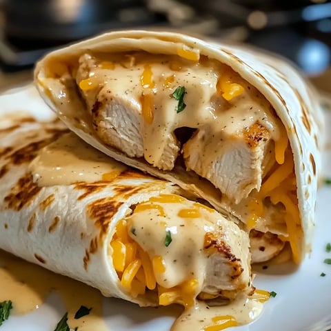 A chicken burrito with cheese and sauce.