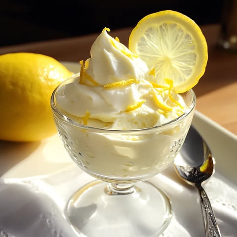 A bowl of lemon sorbet with a lemon slice on top.