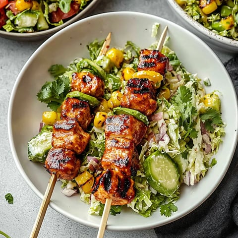 A plate of food with two skewers of meat and vegetables.