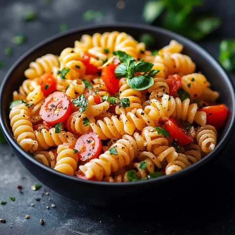A bowl of pasta with tomatoes and basil.