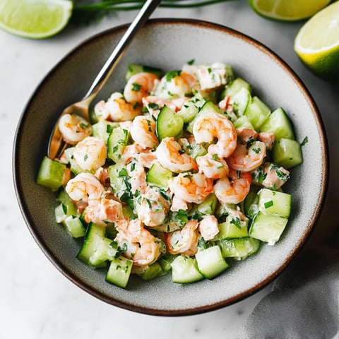 A bowl of shrimp salad with cucumbers and limes.