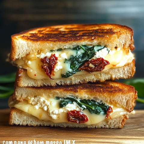 Two grilled cheese sandwiches with spinach and tomato.