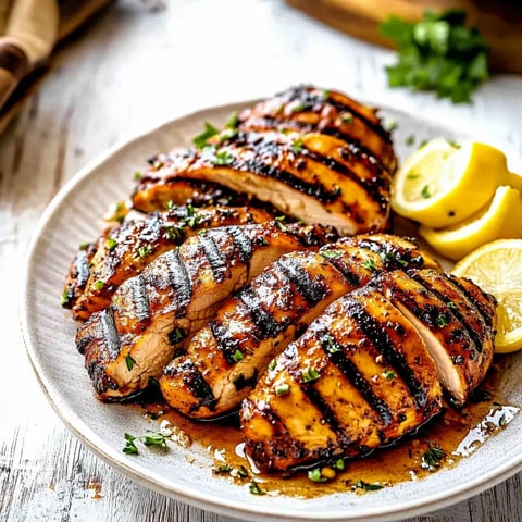 A plate of grilled chicken with lemon wedges on the side.