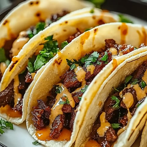 Three tacos with meat and cheese.