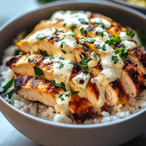 A bowl of rice with chicken and sauce.