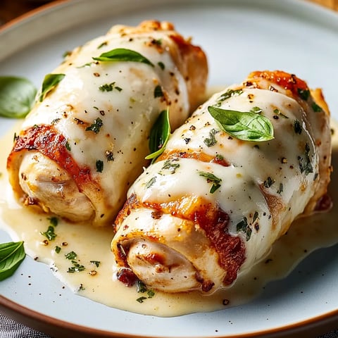 Two pieces of chicken covered in cheese and herbs.