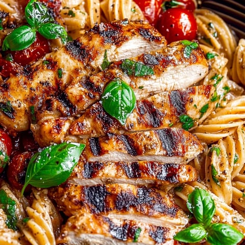 A plate of food with chicken, pasta, and green leaves.