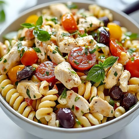 A bowl of pasta with chicken, tomatoes, and olives.