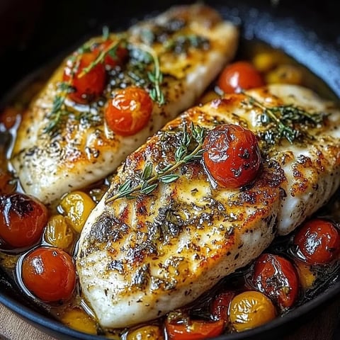A pan of cooked fish with tomatoes and herbs.
