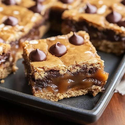 A square of chocolate cake with chocolate chips and caramel drizzle.