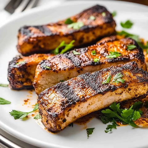 A plate of grilled meat with a green garnish.