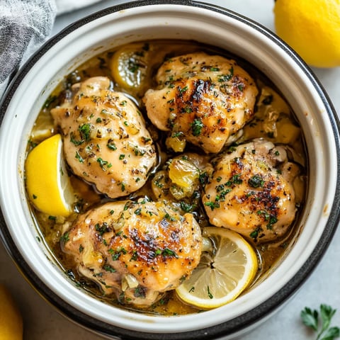 A bowl of chicken with lemon and herbs.