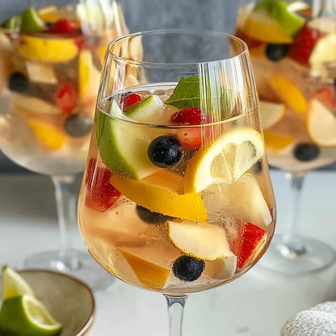 A glass of fruit juice with a strawberry and blueberry.