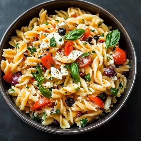 A bowl of pasta with tomatoes, olives, and basil.