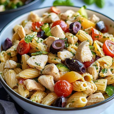 A bowl of pasta with chicken, tomatoes, and olives.
