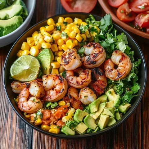 A bowl of food with shrimp, corn, avocado, tomatoes, and lime.