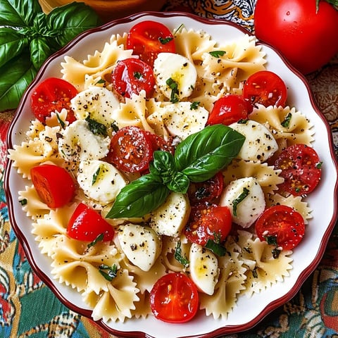 A plate of pasta with tomatoes and basil.