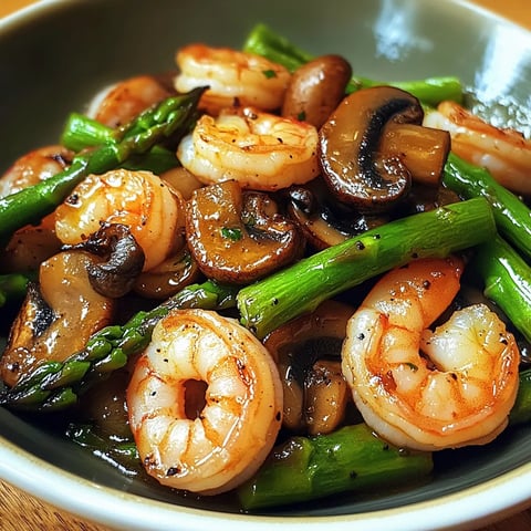 A bowl of shrimp and mushrooms.