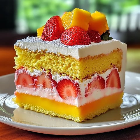 A slice of cake with strawberries and whipped cream.