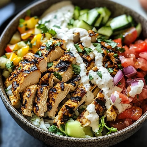 A bowl of food with chicken, tomatoes, cucumbers, and lettuce.