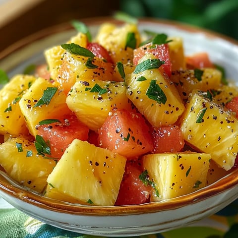 A bowl of fruit with pineapple, watermelon, and mint.