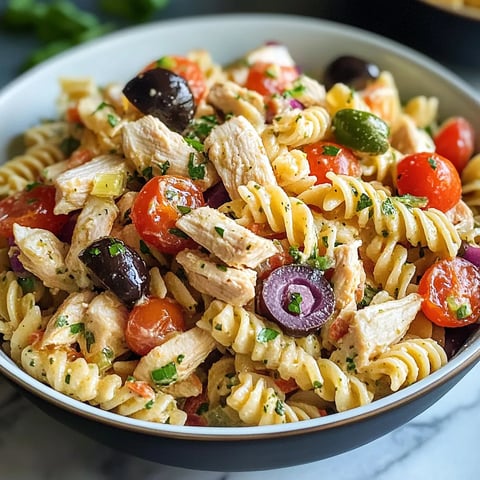 A bowl of pasta with chicken, tomatoes, olives, and basil.