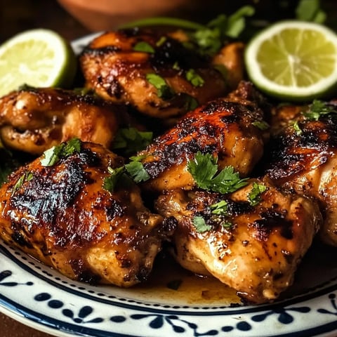 A plate of chicken with limes on top.