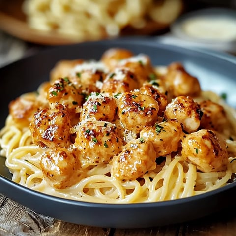A bowl of pasta with chicken and cheese.