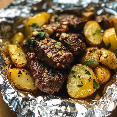 A piece of meat with potatoes and herbs.